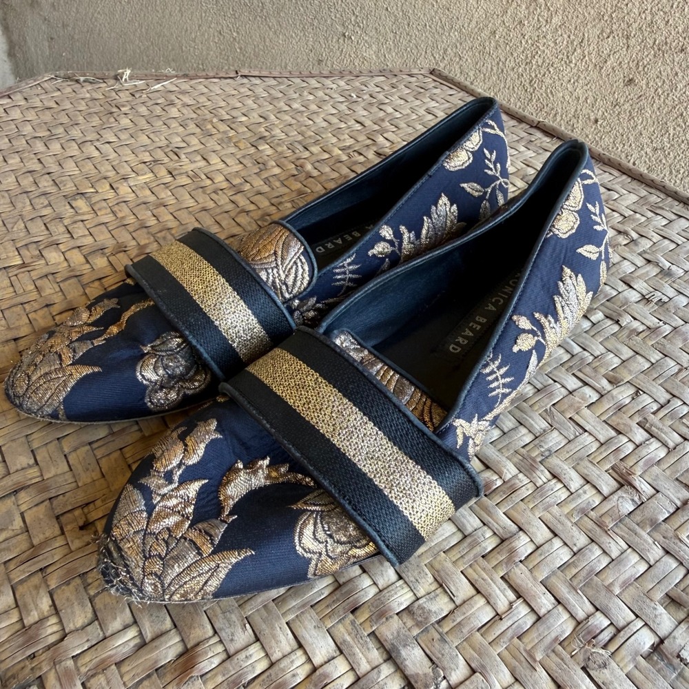 Veronica Beard Brocade Flats Women 36.5 Navy Gold Floral Metallic Pointed Loafer